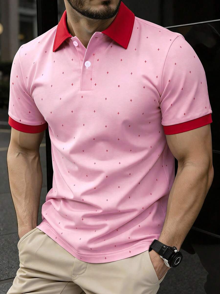 Manfinity Mode 男士休闲日常通勤约会撞色印花短袖Polo衫，夏季男士T领T恤，红色领Polo衫，男士高尔夫球衫，粉色Polo衫，粉色图案Polo衫 - 粉色 - 查看 1