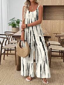 EMERY ROSE Women's Beige Tie-Dye Wide-Leg Jumpsuit, Vacation Beach Cruise Boho Music Festival Concert Wedding Guest City Trip Island Wear, Summer Outerwear Sleeveless Overalls Country Music Concert Outfit Spring - Multicolor - View 8