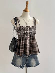 Sweetra Áo hai dây màu nâu thêu họa tiết kẻ caro cổ điển cho nữ, kiểu dáng thường ngày, thích hợp mặc vào mùa xuân/hè. - màu nâu - Xem 1