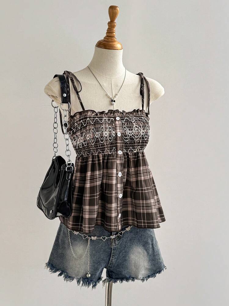 Sweetra Áo hai dây màu nâu thêu họa tiết kẻ caro cổ điển cho nữ, kiểu dáng thường ngày, thích hợp mặc vào mùa xuân/hè. - màu nâu - Xem 1