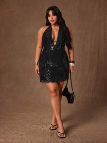 Rustia Plus Size Black Sequin Spaghetti Strap Crop Top Bodycon Party Mini Dress, Sleeveless Summer - Black - View 7