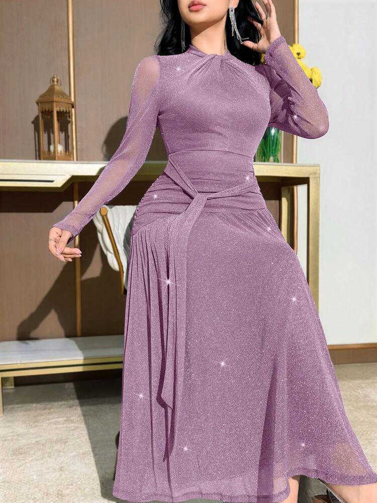 Modelyn Women's Elegant Metallic Glitter Twist Knot Collar Sheer Long Sleeve Cinched Waist Waist Dress, Suitable For Party And Banquet - Dusty Purple - View 2