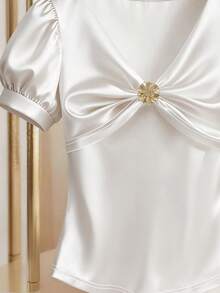 Franclia Women's Short Sleeve T-Shirt With Twist Puff Sleeve Design Satin Blouses For Women White Satin Top Elegant Blouses White Elegant Top Puff Sleeve Satin Top Elegant White Top White Elegant Blouse - White - View 4