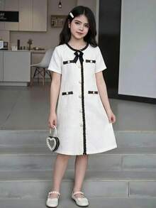 Elladie kids 1件青少年女孩夏季新款韓式風格白色拼接黑金緞帶裝飾收腰蝴蝶結優雅休閒百搭短袖洋裝 - 白色 - 查看 3
