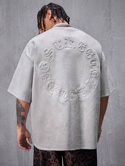 AXEPEAK Men's Casual Air Layer Suede Embossed Loose Dropped Shoulder Crew Neck Short Sleeve T-Shirt, Summer, Streetwear Casual