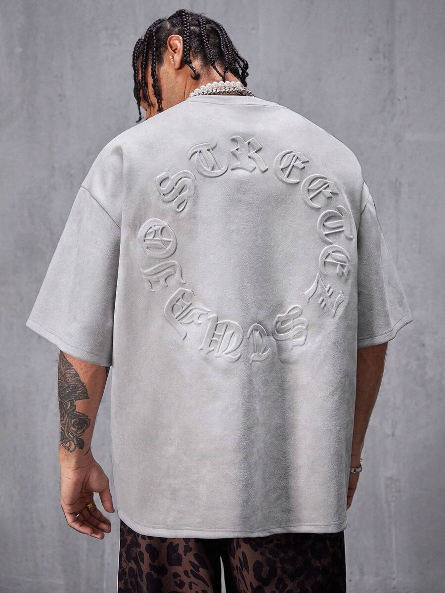 AXEPEAK Men's Casual Air Layer Suede Embossed Loose Dropped Shoulder Crew Neck Short Sleeve T-Shirt, Summer, Streetwear Casual - Light Grey - View 1