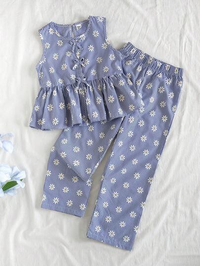 Vintaside Kids 2pcs/Set Tween GirlsBlue & White Plaid Floral Print Sleeveless Top And Matching Pants, Fitted Style Suitable For Outings, Casual, Sports, Party