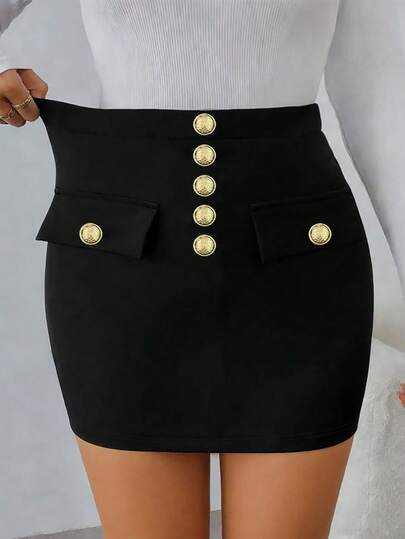 EMERY ROSE Plus Size Women Solid Color Metal Button Design Fashionable Bodycon Skirt