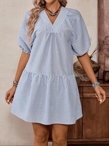 SHEIN LilyWest Robe décontractée ample et amincissante à col V, manches bouffantes, rayures de bambou bleu grisâtre rétro. Convient pour le printemps/été - Gris - Voir 7