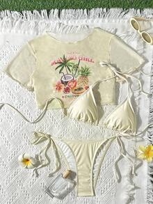 Swim Mod Bộ bikini 3 món in hình quả dứa dành cho nữ + áo khoác ngoài, trang phục đi biển/dự tiệc ngọt ngào và thời trang, mùa xuân/hè. - Màu be - Xem 3