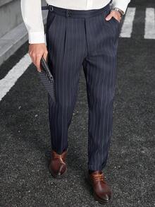 Manfinity Bizformal 男士条纹纽扣休闲百搭通勤商务裤 - 藏蓝色 - 查看 1