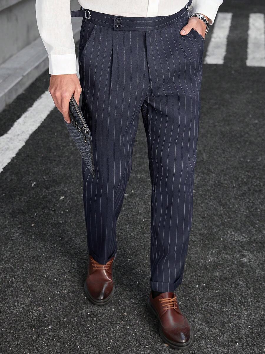 Manfinity Bizformal 男士条纹纽扣休闲百搭通勤商务裤 - 藏蓝色 - 查看 1
