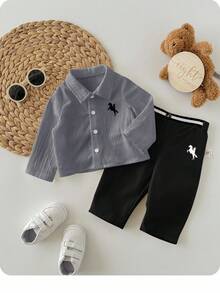 新生男宝宝休闲可爱百搭白色长袖衬衫和裤子套装 - 灰色 - 查看 6