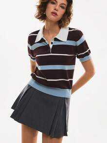 Poéselle 女士复古条纹针织Polo衫，短袖翻领学院风Tenniscore条纹针织Polo衫，学院风，Tenniscore，复古条纹上衣，短袖针织衫，翻领毛衣，Y2K Polo衫，学院风针织休闲撞色条纹图案短袖针织衫，夏季上衣，春季假期休闲装 - 咖啡棕 - 查看 7