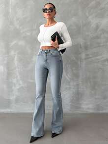 EURMUSE 98%Cotton Zip Front Slant Pocket Casual Flare Jeans - Baby Blue - View 6