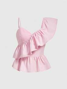 ROMWE Kawaii Women's Fashionable Y2K Asymmetrical Collar Ruffle Trim Blouse - Baby Pink - View 1