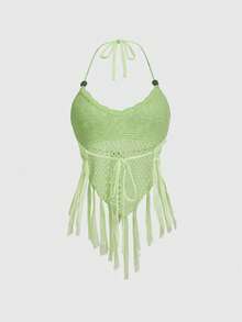 ROMWE Avant Women's Vintage Vacation Style Beaded Halter Neck Hollow Out Fringe Hem Sexy Knit Top - Green - View 2
