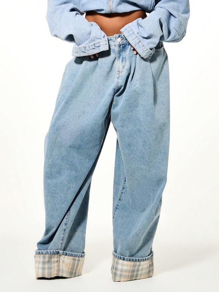 SUMWON Slouchy Barrel Turn Up Cuff Pleated Check Hem Detail High Waisted Wide Leg Denim Jeans With Vintage Wash