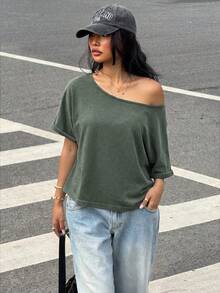 SHEIN Muchic 橄榄绿针织女式蝙蝠袖短袖宽松休闲T恤 深绿色上衣 军绿色上衣 不对称肩部T恤 鼠尾草绿上衣 橄榄绿上衣 军绿色上衣 - 軍綠色 - 查看 3