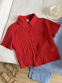 SHEIN Teen Girls Red Knit Crepe Short Sleeve Blouse, Casual Versatile Personalized Tops, Suitable For Music Festivals, Cropped Shirt Shirt For Teen Girl Red Crop Shirt Shirts For Women Summer Blouse For Teen Girls Blouses For Women Summer - Red - View 6