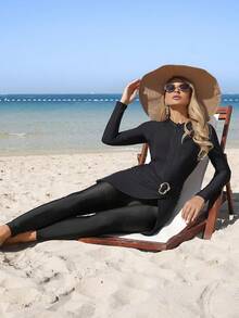 Swim Mulvari 2026 New Women's Swimwear ArrivalFor School,Suitable For Holiday, Date, Afternoon Tea, Western, Cruise, Beach, Island, Road Trip, All Seasons, Music Festival, Boho Vacation,Bohemian Vacation, Chill Autumn ,Western Boho ,Elegant Tops For Women Women's Mandarin Collar Raglan Sleeve Fitted Summer Beach Tankini - Multicolor - View 4