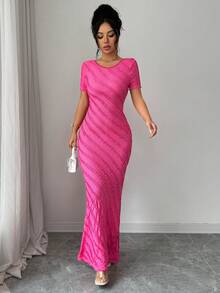 SHEIN Elenzya Đầm chữ A thanh lịch, lãng mạn, khoét lưng, ôm eo, chất liệu vải dệt kim, tay ngắn, cổ tròn. - Màu Hồng Tươi - Xem 5