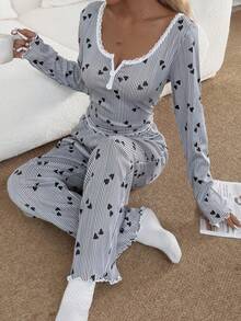 Dream Adore Bộ đồ ngủ dài tay dệt kim jacquard in hình trái tim, viền ren, cổ vuông dành cho nữ. - màu đen - Xem 8