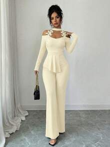 Elenzga Elegant Apricot Women Fall Winter 2-Piece Set,Floral Trim Halter Asymmetric Hem Long Sleeve Top & Flare Pants  Dining Party Banquet Office Date Night - Beige - View 7