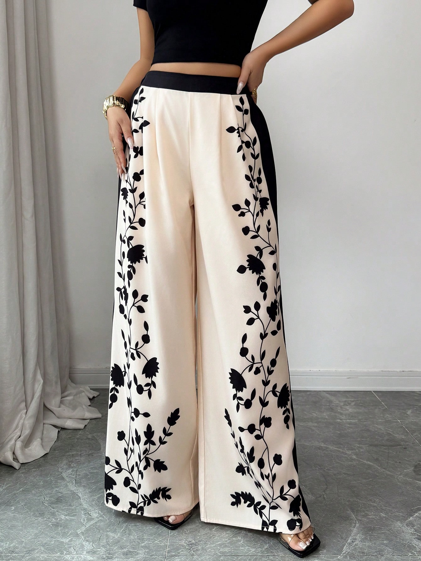 Elenzga بنطلون نسائي أنيق وكاجوال مطبوع فضفاض