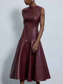 Aveloria Modichic Robe élégante rouge bourgogne avec jupe évasée, design de ceinturage à la taille, col rond, sophistiquée et minimaliste, polyvalente pour le travail et les tenues décontractées - Rouge foncé - Voir 1