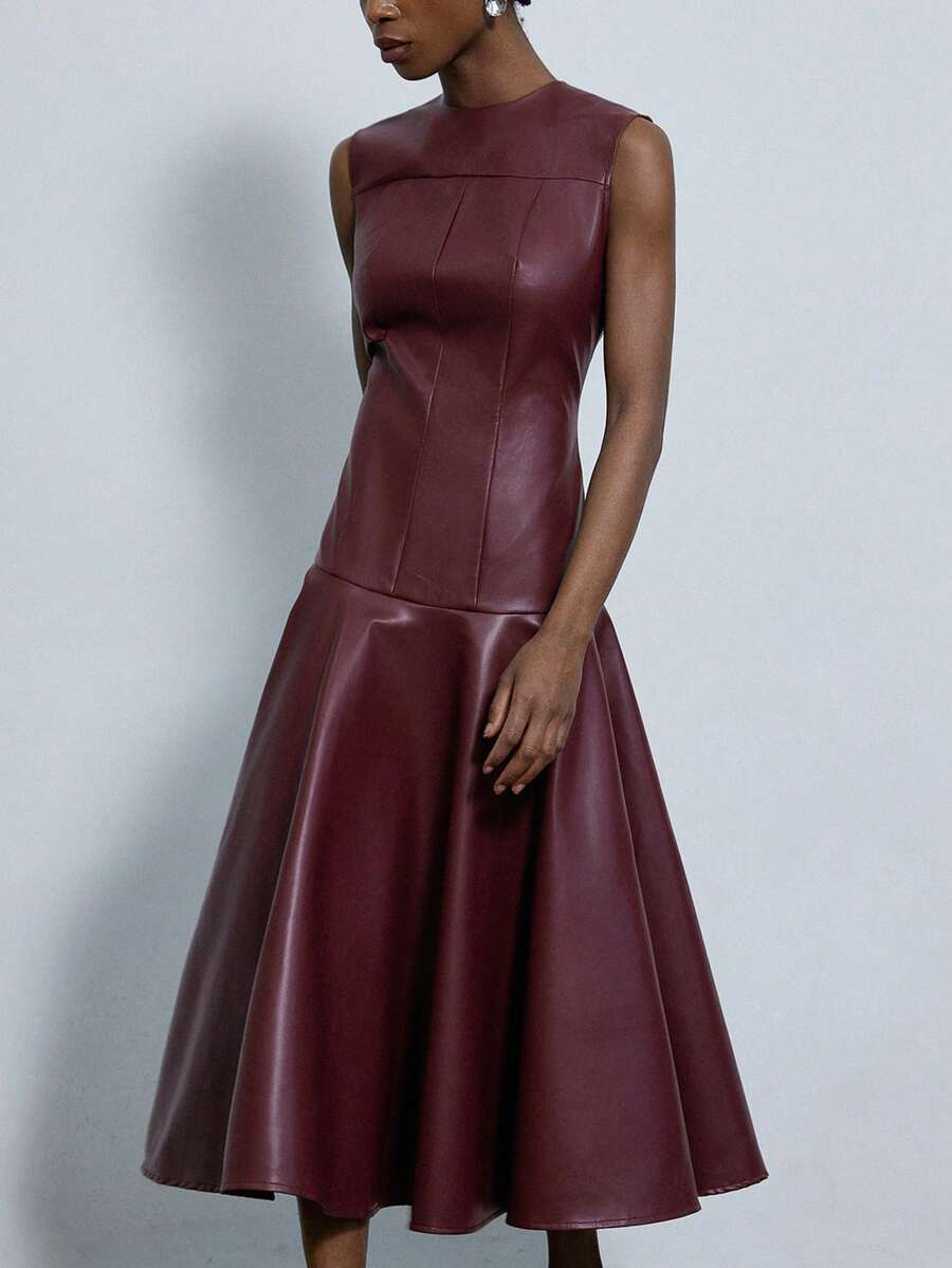 Aveloria Modichic Robe élégante rouge bourgogne avec jupe évasée, design de ceinturage à la taille, col rond, sophistiquée et minimaliste, polyvalente pour le travail et les tenues décontractées - Rouge foncé - Voir 1