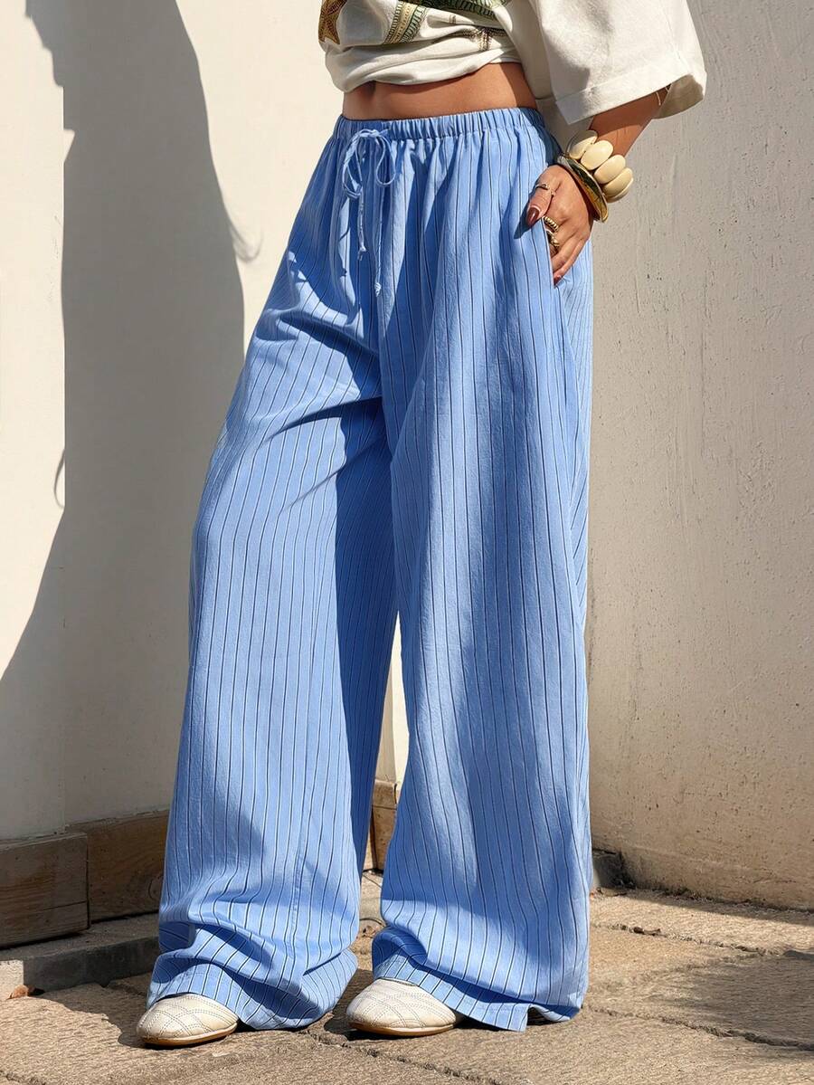 Muchica Women's Summer New Striped Casual Loose Pants - Blue - View 1