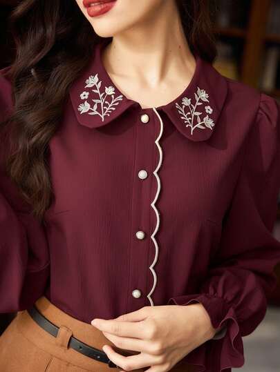 Vintamour Plus Size Women Vintage Elegant Floral Embroidered Button-Up Casual Shirt, Work Holiday Vacation Winter Christmas Thanksgiving New Year