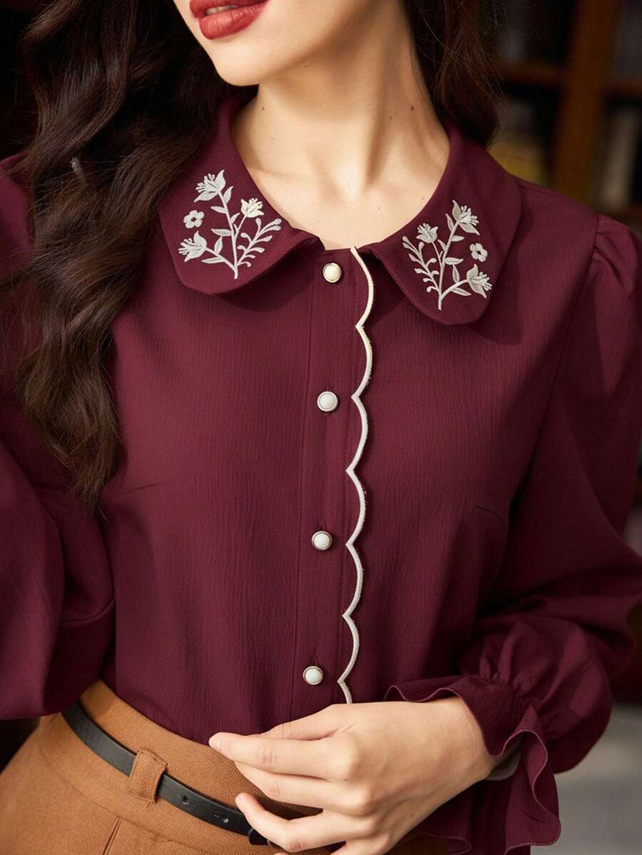Vintamour Áo sơ mi nữ cỡ lớn kiểu dáng cổ điển thanh lịch thêu hoa, cài nút, thích hợp cho công việc, kỳ nghỉ, mùa đông, Giáng sinh, Lễ Tạ ơn và Năm mới. - Màu Đỏ Sâu - Xem 1