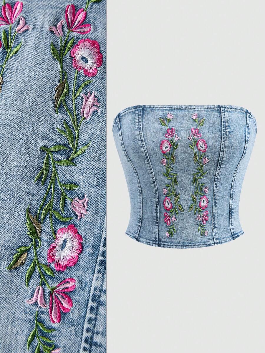 Travachic Áo ống denim ôm sát thêu hoa phong cách thường ngày dành cho nữ, áo mùa hè, áo mùa xuân, áo dự tiệc, áo sinh nhật, áo đi chơi, áo đi nghỉ mát, áo thường ngày cho nữ, áo ống denim thêu hoa kiểu corset không dây - Rửa trung bình - Xem 1