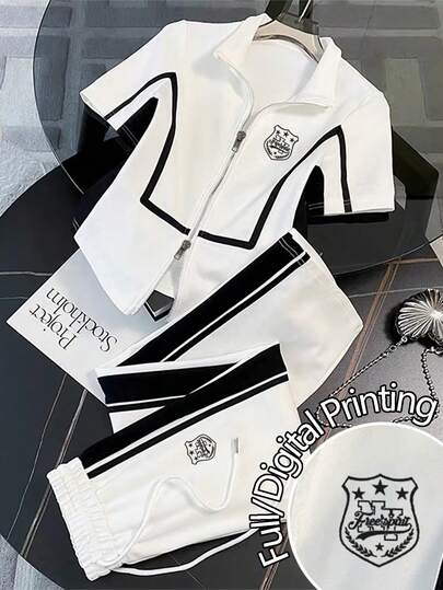 Franclia Stand Collar Short Sleeve Top + Straight Leg Pants With Side Pockets