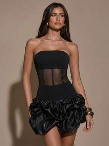 Silquee SHEIN BAE Damen Mode 3D Blumen Transparentes Sexy Bandeau Kleid - Schwarz - Übersicht 5