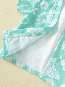 SHEIN 3pcs/Set Baby Boy Casual Vacation Cute Shell Pattern Short Sleeve Shirt, Swim Trunks And Sun Hat Set, Suitable For Beach, Surfing, Vacation, Swimming, Sun Protection,Kids - Mint Green - View 5