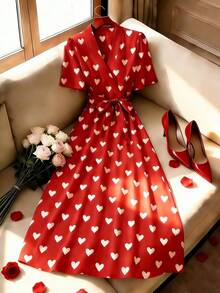 SHEIN Franclia Women's Heart Print Belted V-Neck Vintage Short Sleeve Dress