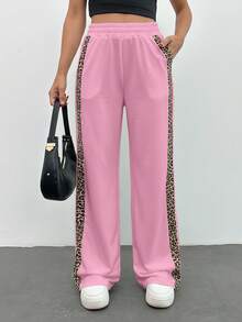 Leopard Trim Belly Detailed Long Wide Leg Black Pants - Baby Pink - View 5