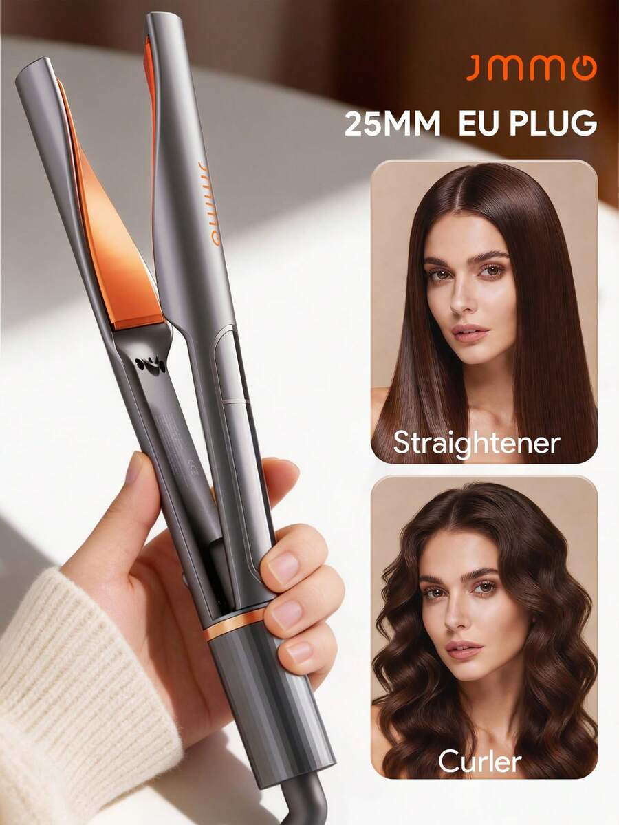 JMMO CABELLO | Plancha de pelo 2 en 1 y rizador de 25 mm, diseño curvo, rizador y plancha para ondas y alisado, alisador de calentamiento instantáneo, iones negativos para rizos suaves y resultados lisos y rectos, peluquería y salón de belleza - Enchufe UE - Enchufe EU Tipo C(220-240V) - Ver 1