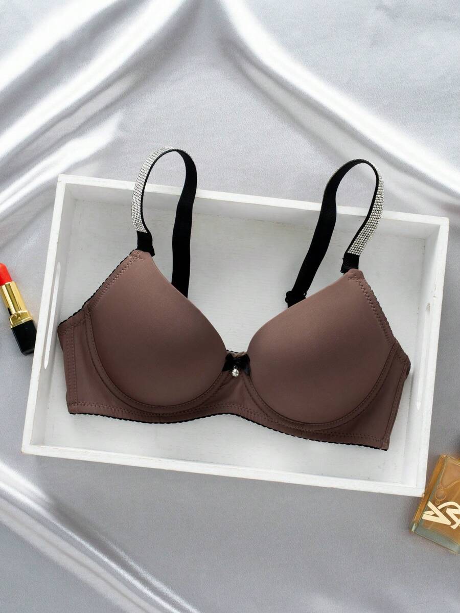 DesireSculpt Women's Rhinestone Decorated Spaghetti Strap Underwire Bra - Brown - View 1