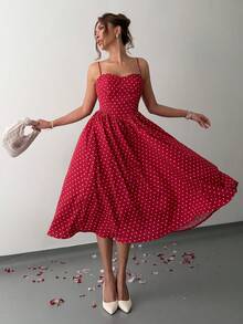 SHEIN Tall Fashionable Versatile Date Party Spaghetti Strap Waist Flared Dress For Women, Autumn/Winter - Red - View 6