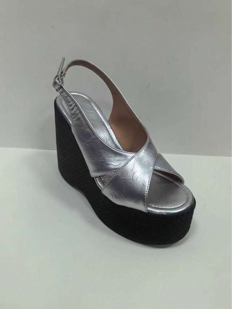 Sugerpunk Sandalias de suela gruesa para mujer, tacones de plataforma y cuña de punta abierta, zapatos de moda - Plateado - Añade 15