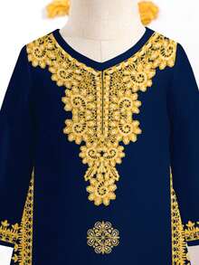 Elegant Vintage Burgundy Lace Print Dress For Young Girls, Suitable For Spring/Summer, Festive Occasions - White - View 5