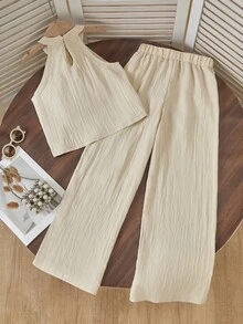 女童沙滩度假基本款吊带上衣+宽松七分裤 编织花卉两件套 - 杏色 - 查看 2