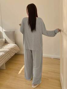 Dazy Plus Bộ đồ ngủ 2 món in hình hoạt hình, dáng rộng, kiểu dáng thường ngày, gồm áo cổ bẻ và quần dài, thích hợp cho mùa xuân/hè/thu. - Màu Xám nhạt - Xem 8