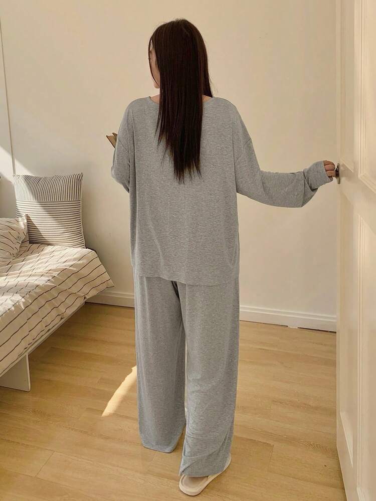 Dazy Plus 2pcs Casual Cartoon Print Loose Fit Pajama Set With Half-Open Collar Top And Long Pants, Spring/Summer/Autumn