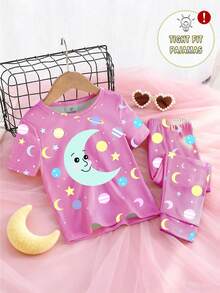 1set Young Girls Glow-In-The-Dark Cartoon Moon & Star Print Crew Neck Tight Fit Knit Short Sleeve Top And Pants Pajama Set - Pink - View 3