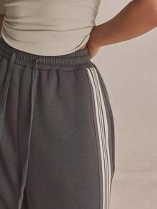 MUSERA 条纹细节阔腿弹力腰慢跑裤，夏季、运动、休闲、日常、街头风、潮流服饰 - 灰色 - 查看 5